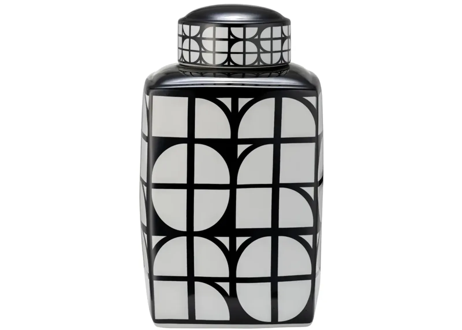 Cer, 16"h Square Jar W/ Lid, Black/white