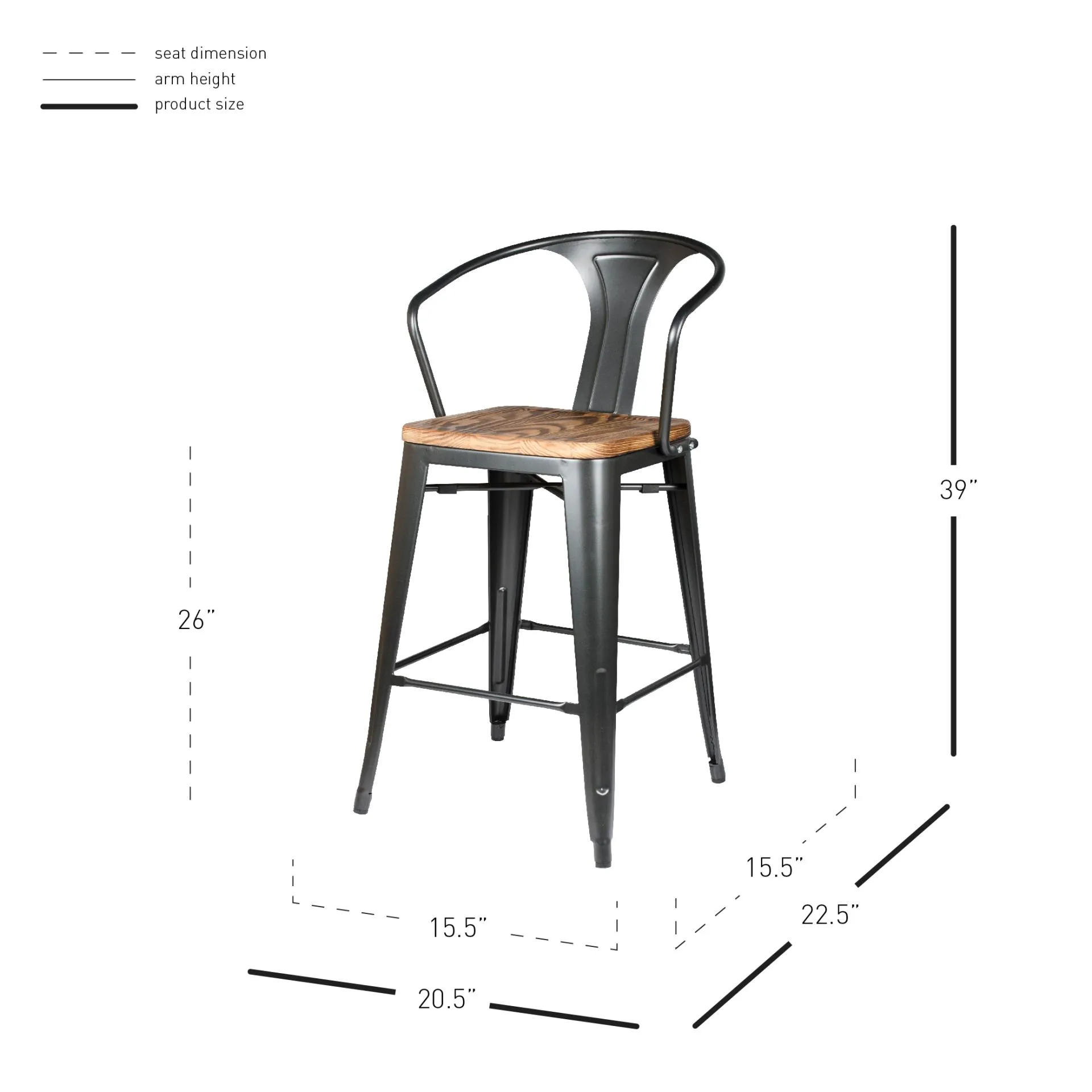 Metropolis Metal Counter Stool Wood Seat, Gunmetal (Set of 4)