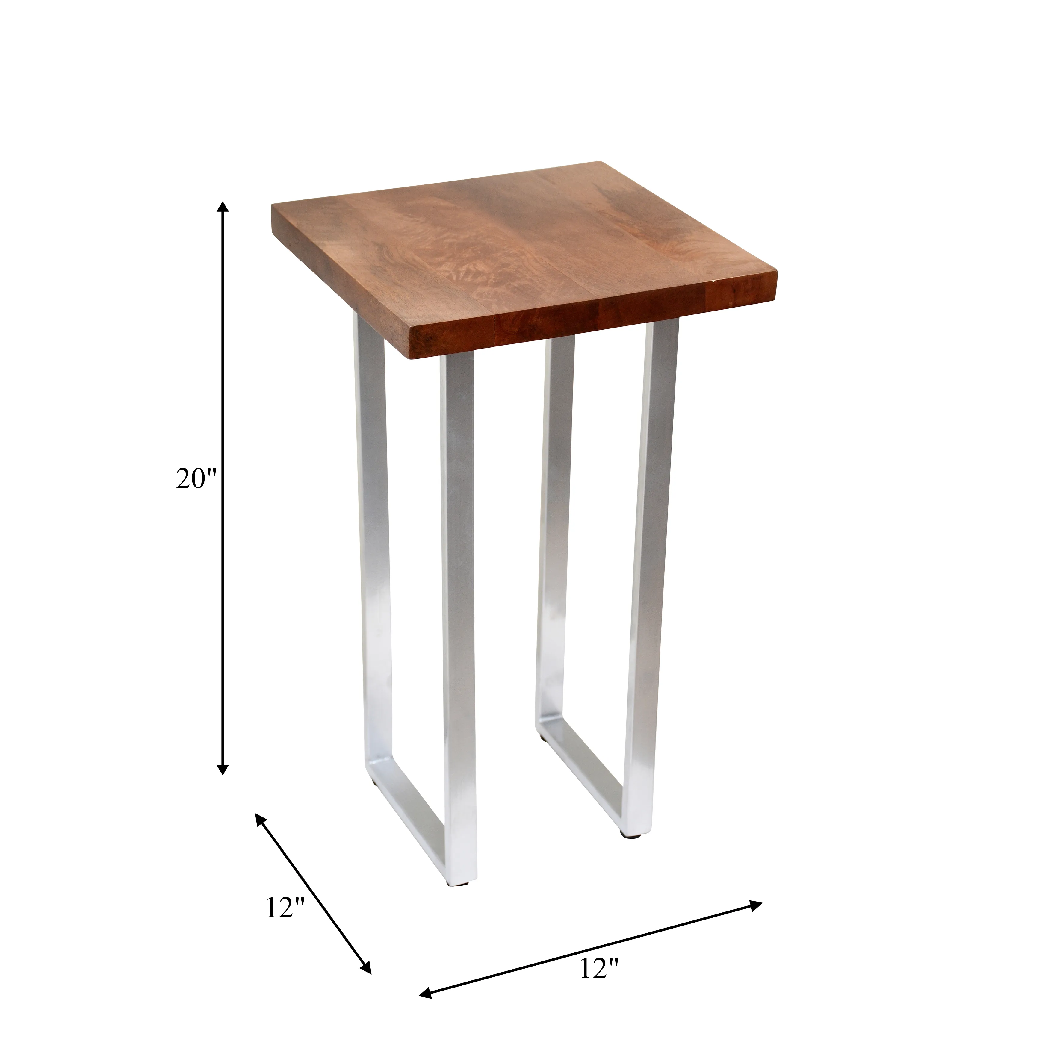 Metal, 20" Square Wood Top Accent Table, Silver