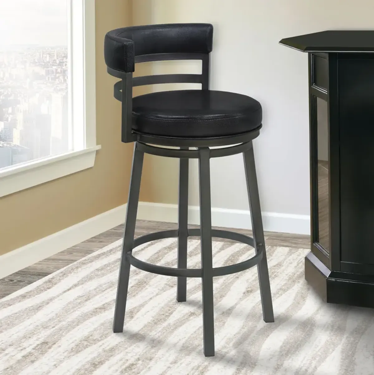 Titana 26" Counter Height Metal Swivel Barstool in Ford Black Pu and Mineral Finish