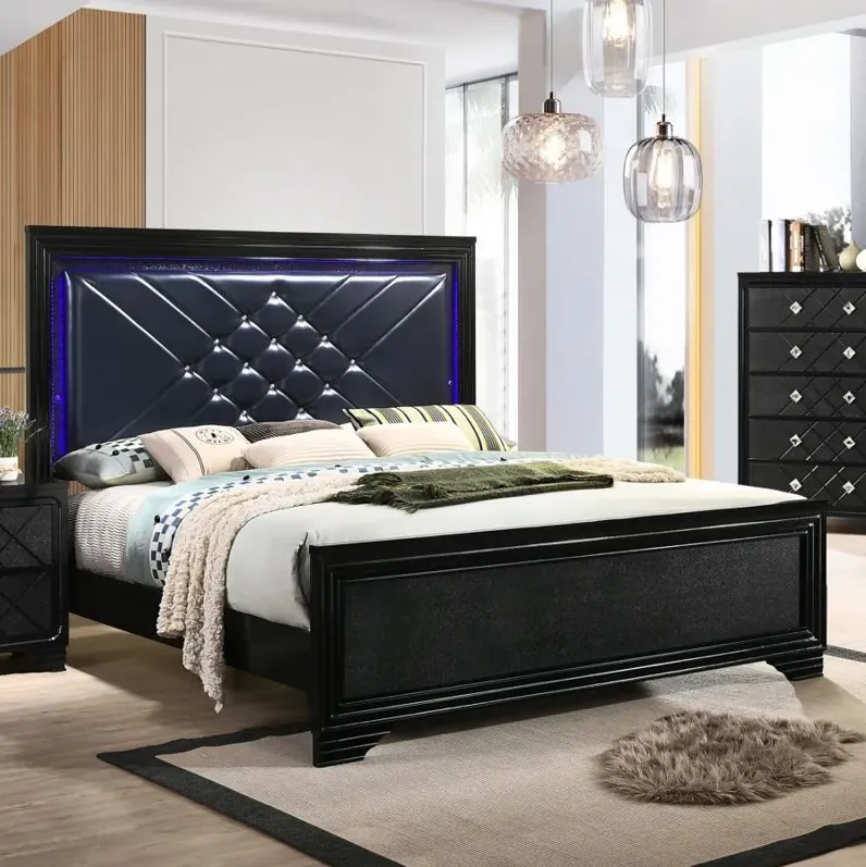 Penelope Eastern King Bed with LED Lighting Black and Midnight Star