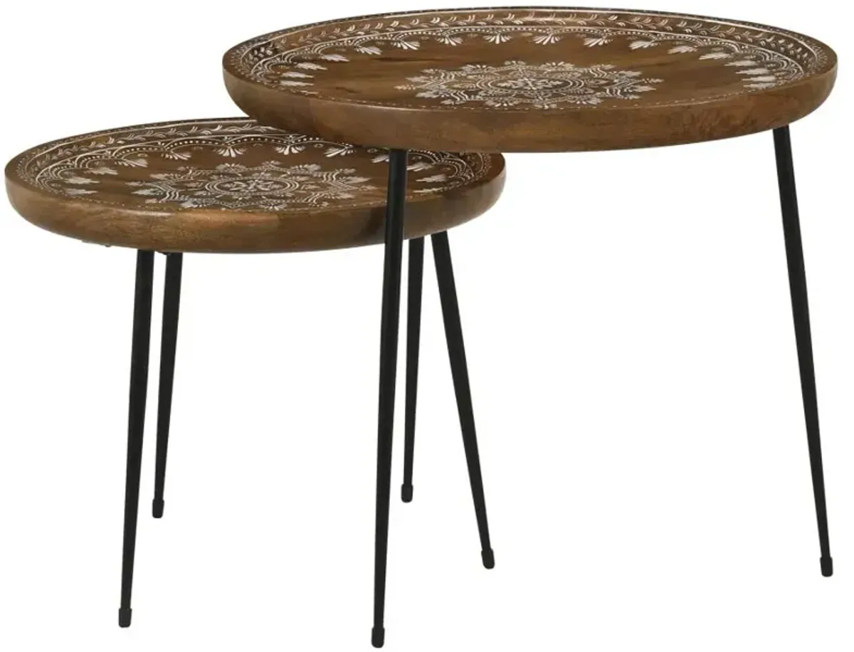 Nuala 2-piece Round Nesting Table with Tripod Tapered Legs Honey and Black