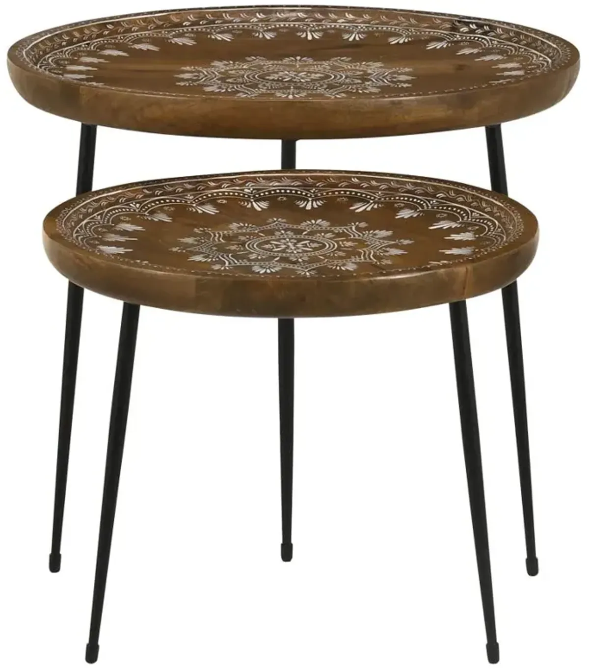 Nuala 2-piece Round Nesting Table with Tripod Tapered Legs Honey and Black