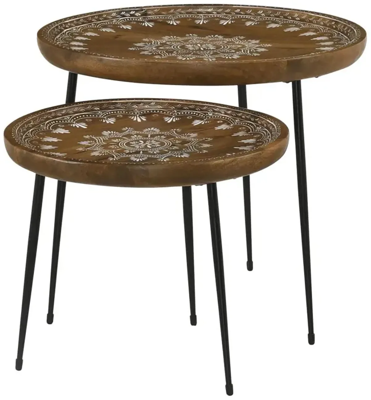 Nuala 2-piece Round Nesting Table with Tripod Tapered Legs Honey and Black