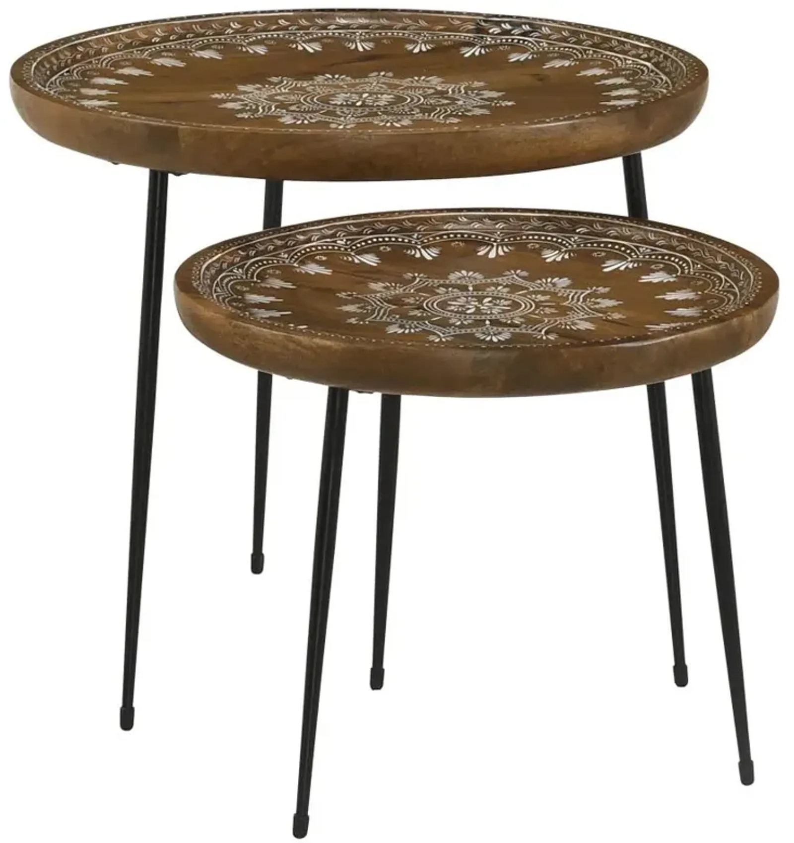 Nuala 2-piece Round Nesting Table with Tripod Tapered Legs Honey and Black