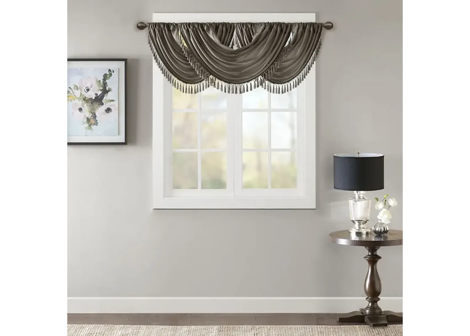 Madison Park Elena Pewter Faux Silk Waterfall Embellished Valance