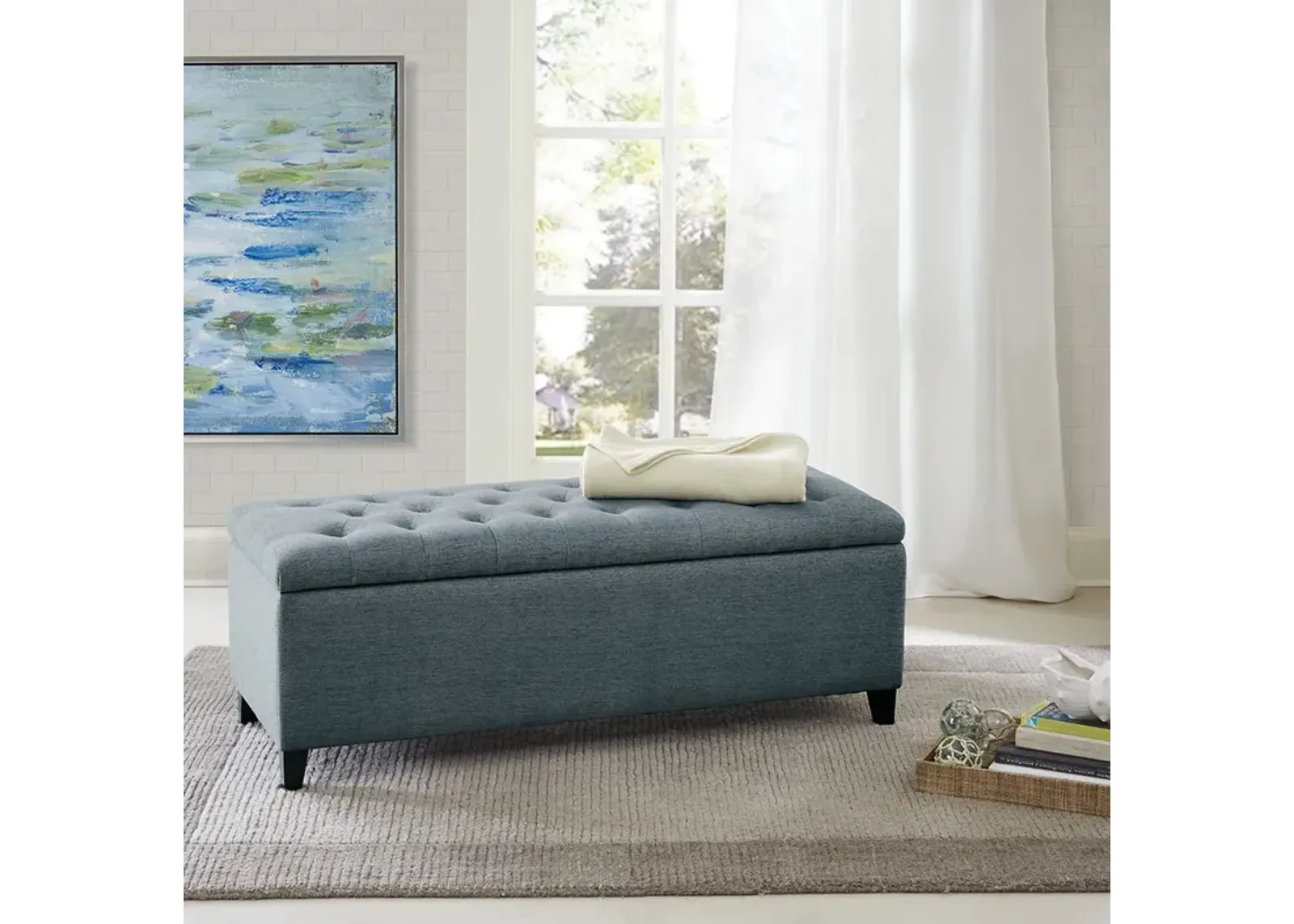 Madison Park Shandra Blue Tufted Top Soft Close Storage Bench