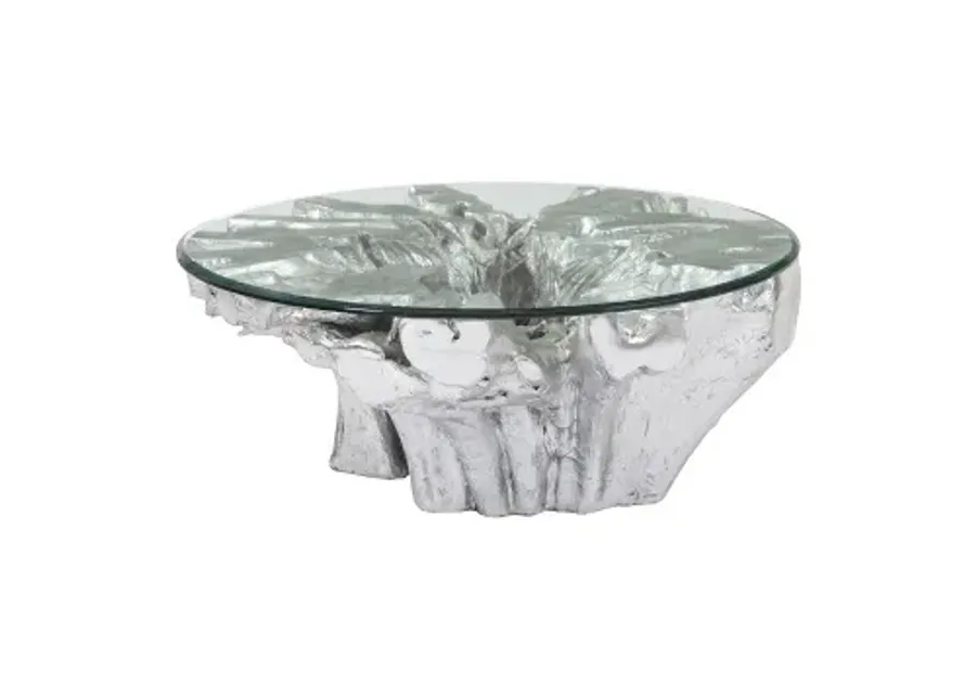 otis root cast coffee table with glass, silver leaf