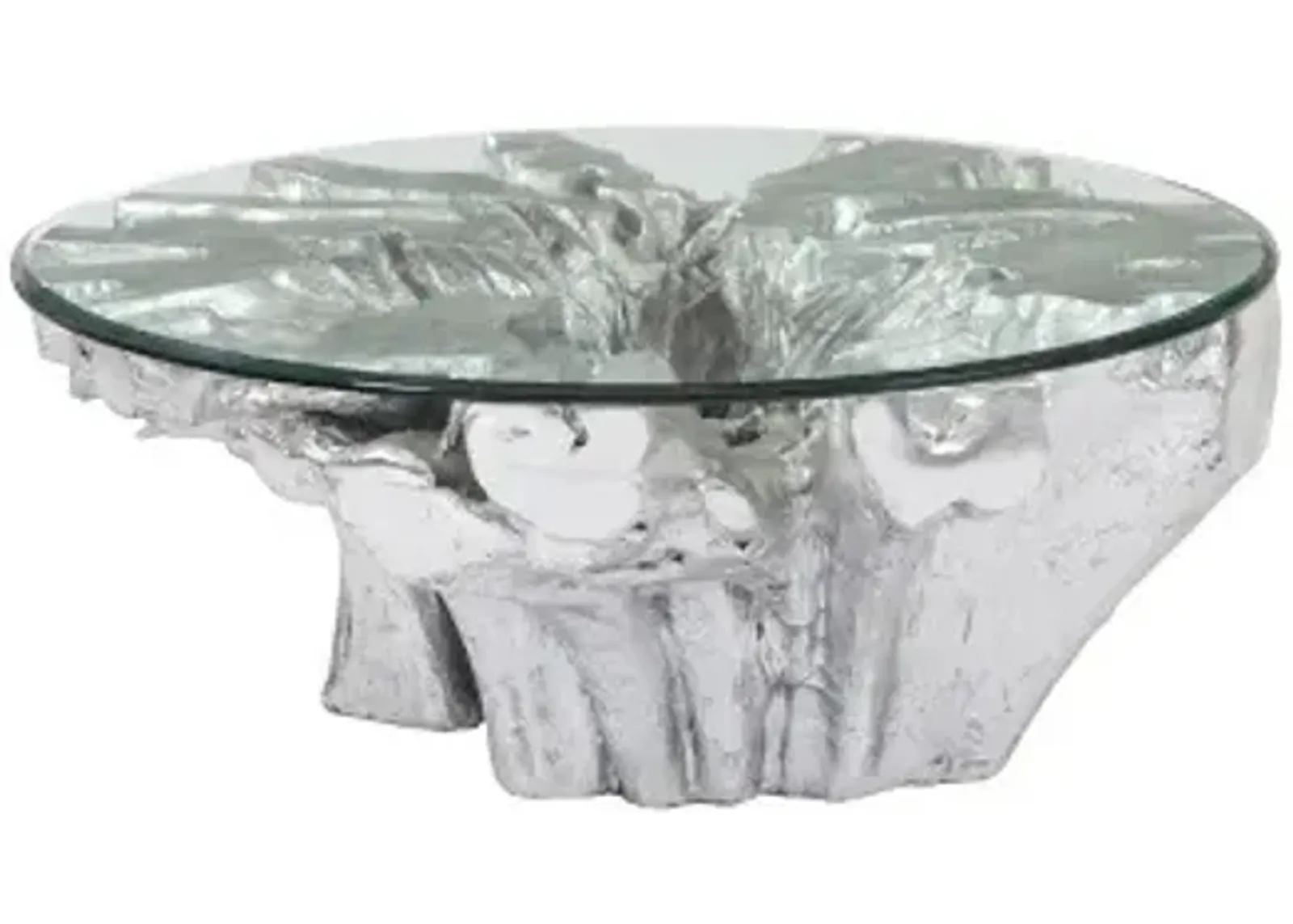 otis root cast coffee table with glass, silver leaf