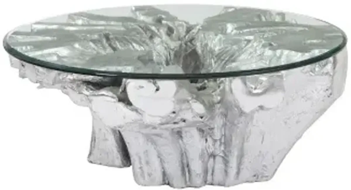 otis root cast coffee table with glass, silver leaf