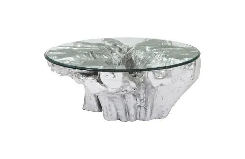 otis root cast coffee table with glass, silver leaf