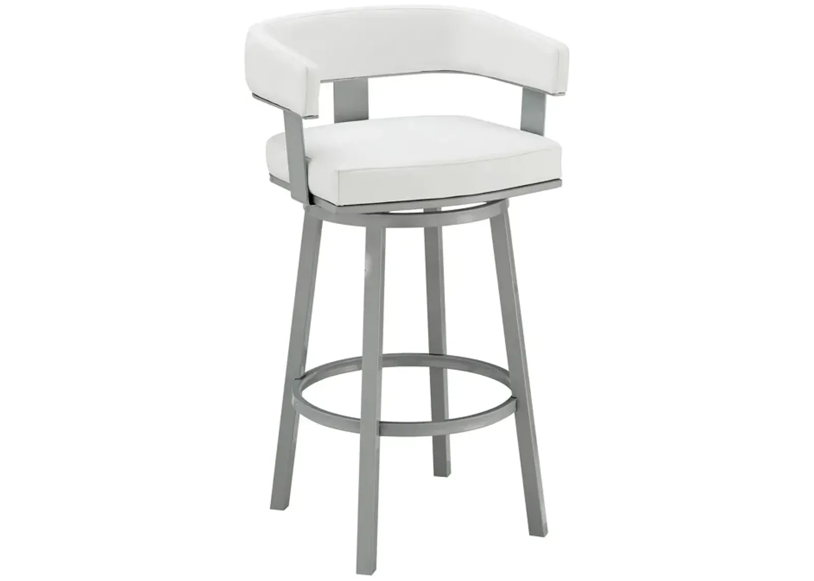 Lorin 30" Bar Height Swivel Bar Stool in Silver Finish with White Faux Leather