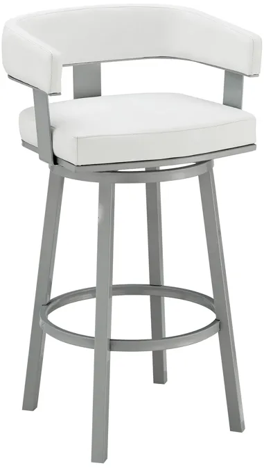 Lorin 30" Bar Height Swivel Bar Stool in Silver Finish with White Faux Leather