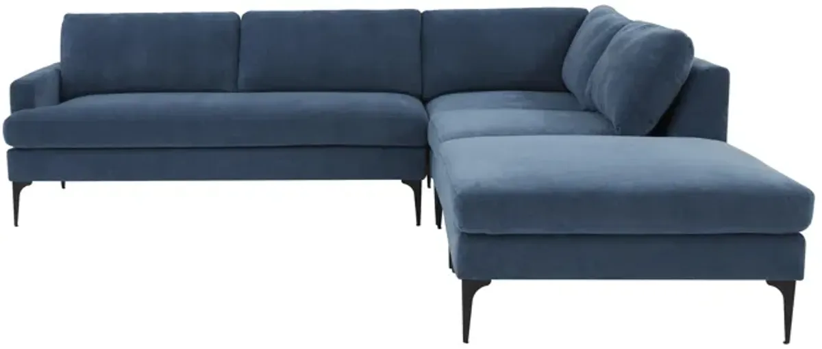 Serena Blue Velvet Large RAF Chaise Sectional with Black Legs