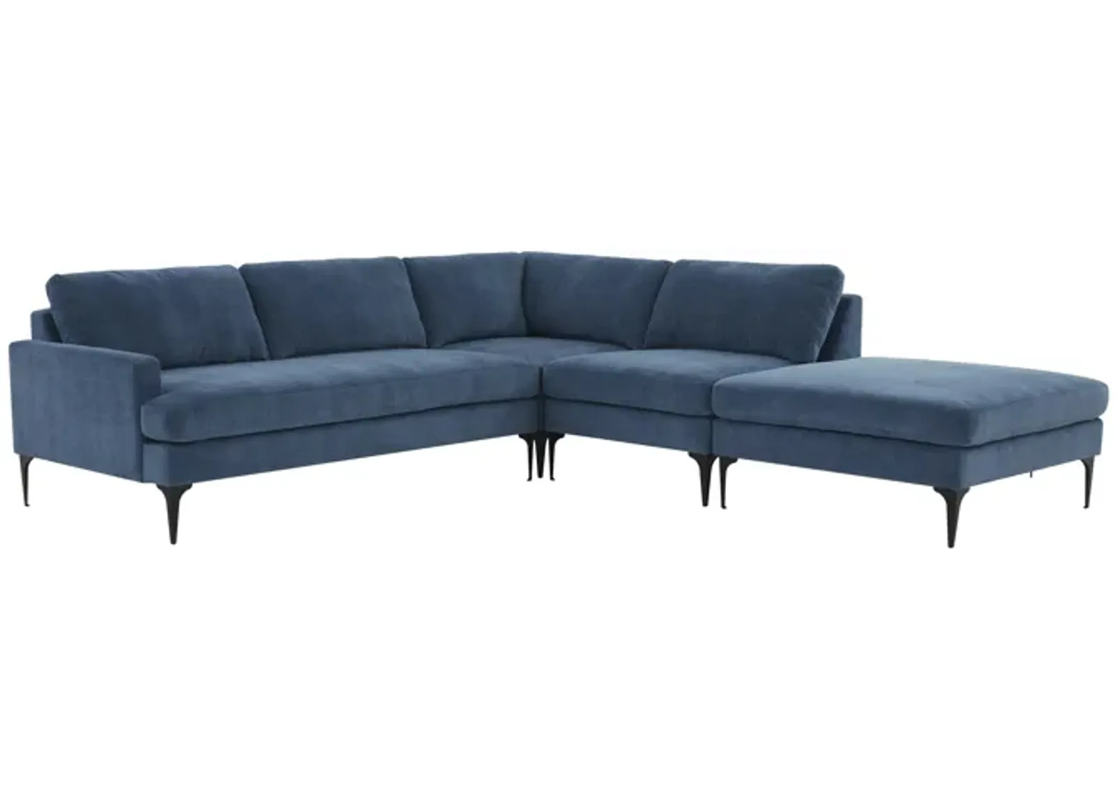 Serena Blue Velvet Large RAF Chaise Sectional with Black Legs