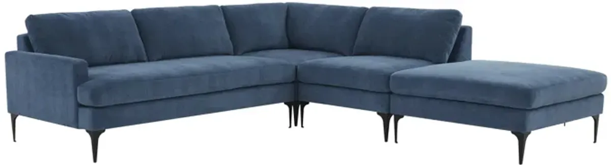 Serena Blue Velvet Large RAF Chaise Sectional with Black Legs