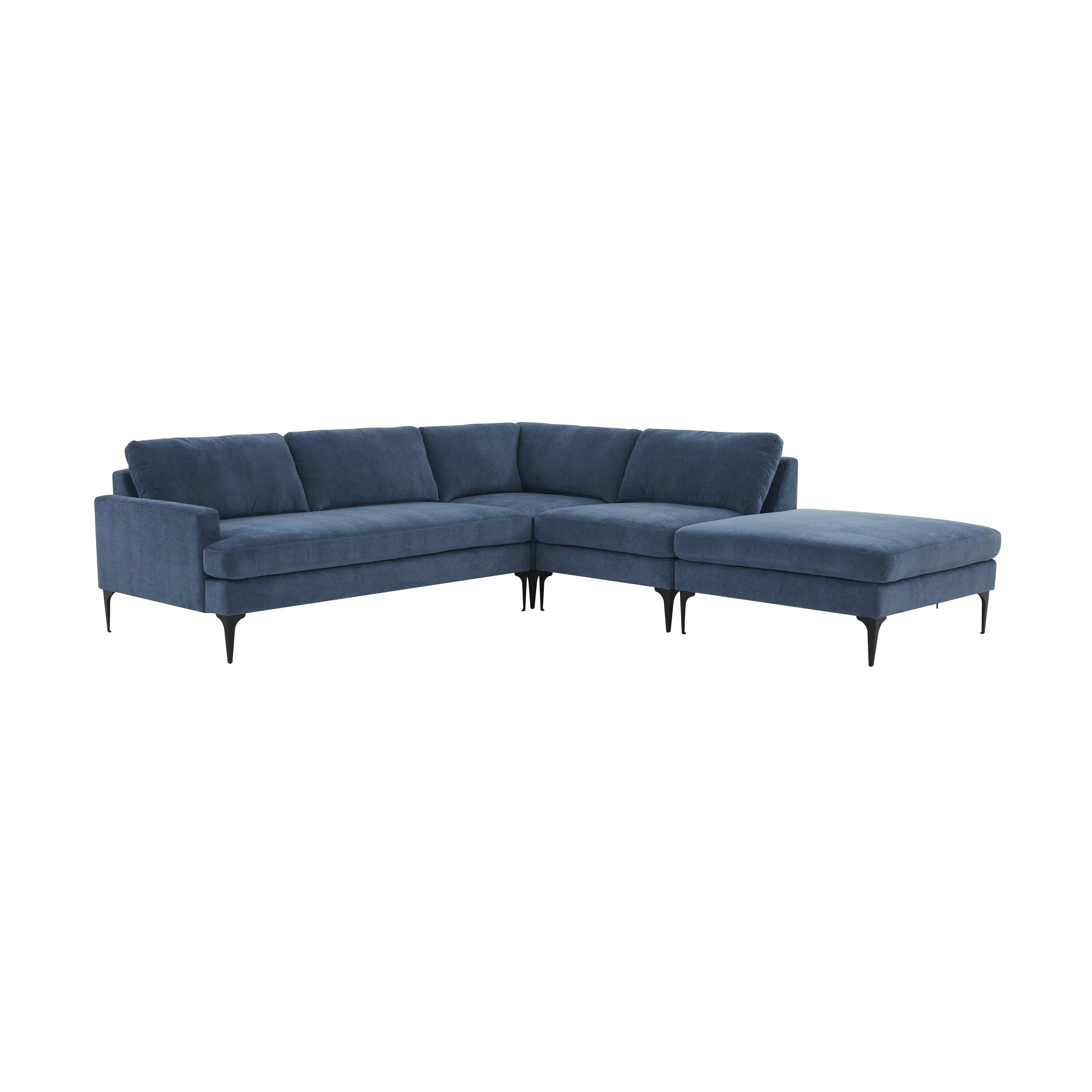 Serena Blue Velvet Large RAF Chaise Sectional with Black Legs