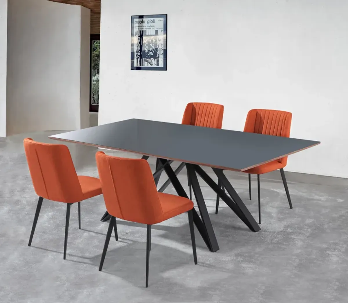 Maine Contemporary Dining Chair in Matte Black Finish and Orange Fabric - Set of 2 