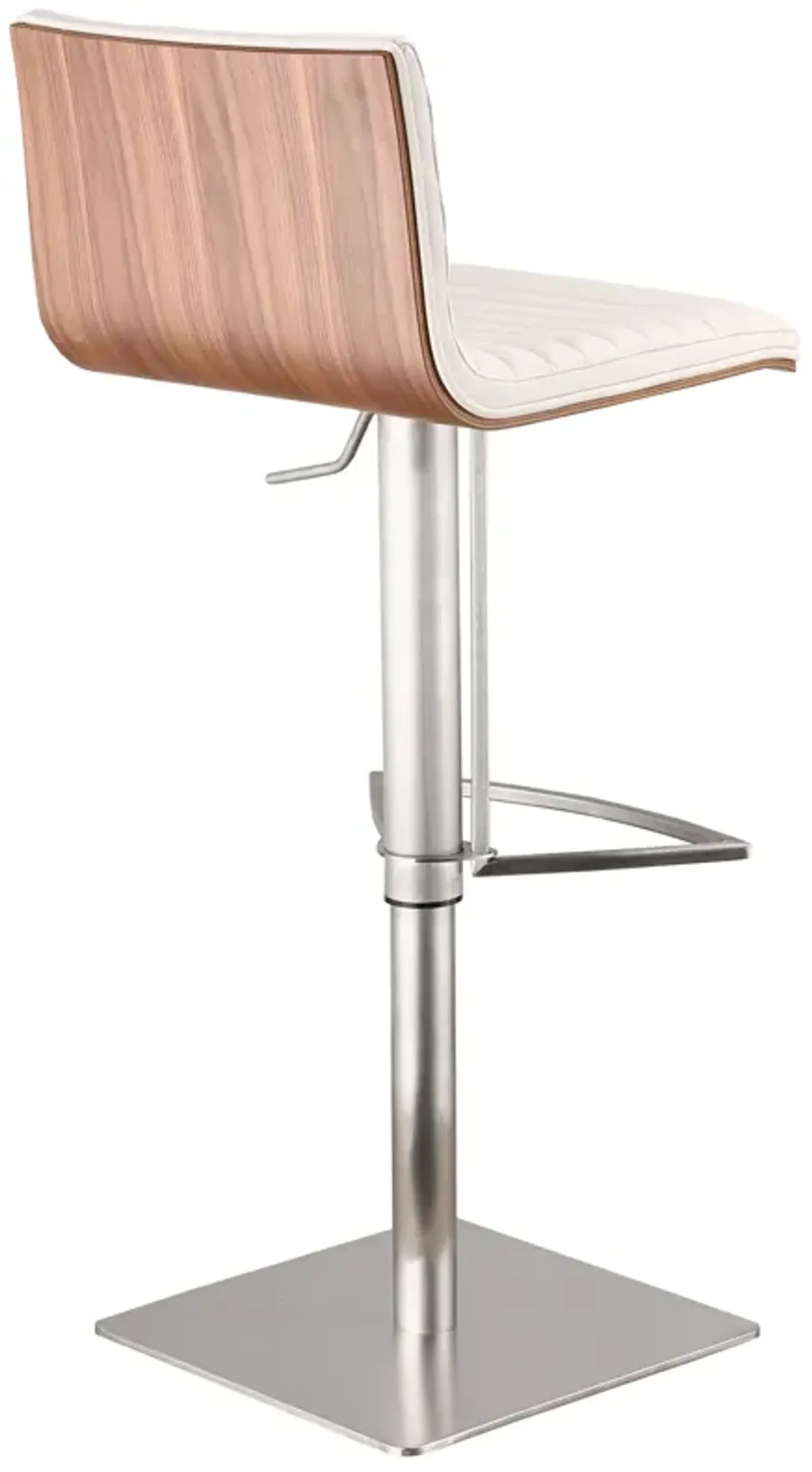 Caf� Adjustable Height Swivel White Faux Leather and Walnut Bar Stool with Brushed Stainless Steel Base