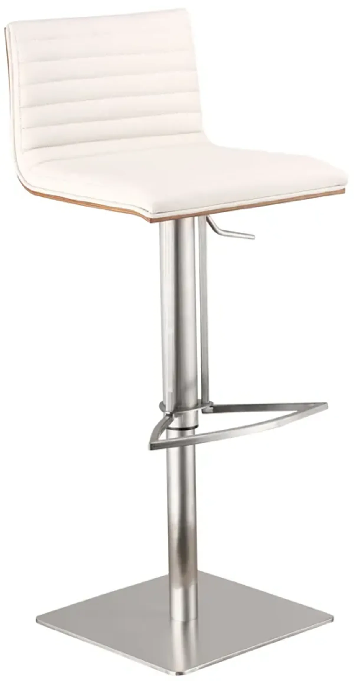 Caf� Adjustable Height Swivel White Faux Leather and Walnut Bar Stool with Brushed Stainless Steel Base