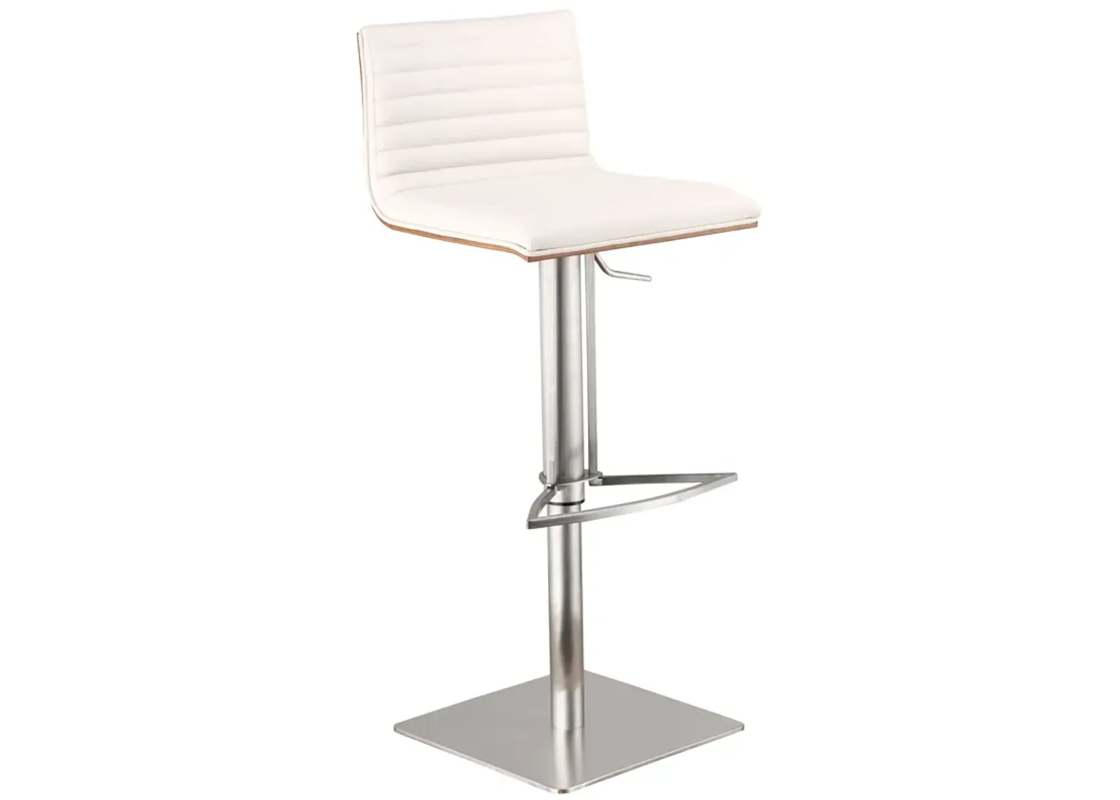 Caf� Adjustable Height Swivel White Faux Leather and Walnut Bar Stool with Brushed Stainless Steel Base