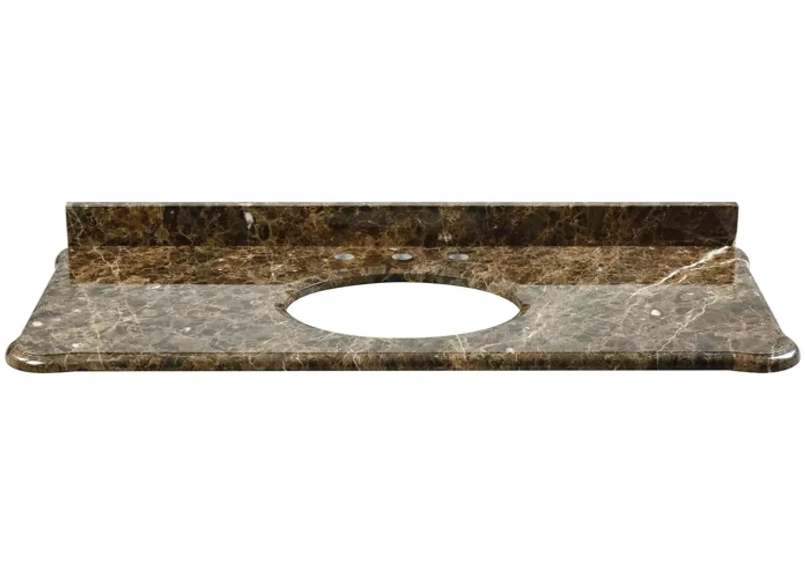 Custom-cut Malago undermount vanity top in Dark Emperador Marble. Includes backsplash.