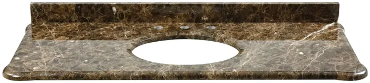 Custom-cut Malago undermount vanity top in Dark Emperador Marble. Includes backsplash.