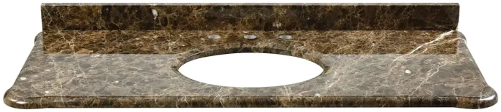 Custom-cut Malago undermount vanity top in Dark Emperador Marble. Includes backsplash.