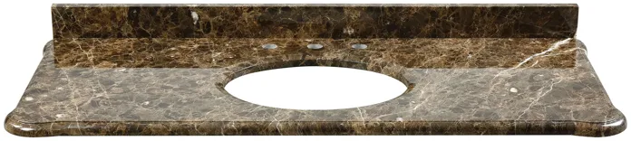 Custom-cut Malago undermount vanity top in Dark Emperador Marble. Includes backsplash.