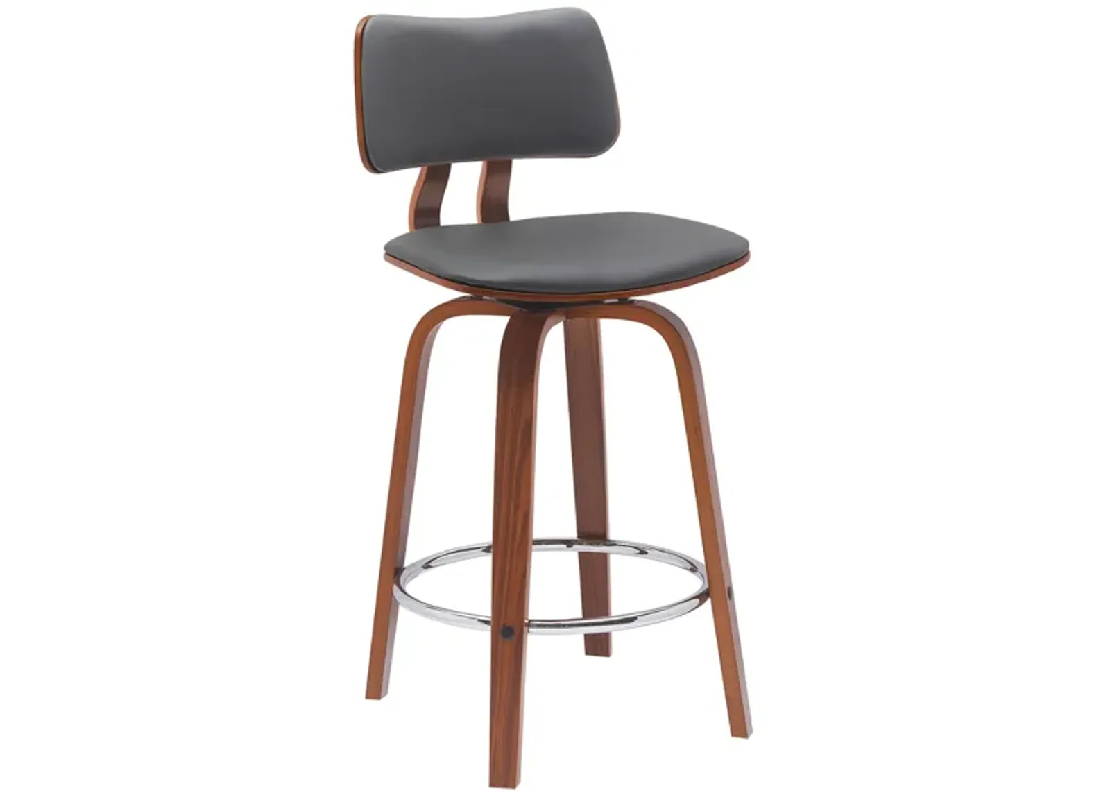 Pico 26" Swivel Walnut Wood Counter Stool in Gray Faux Leather with Chrome