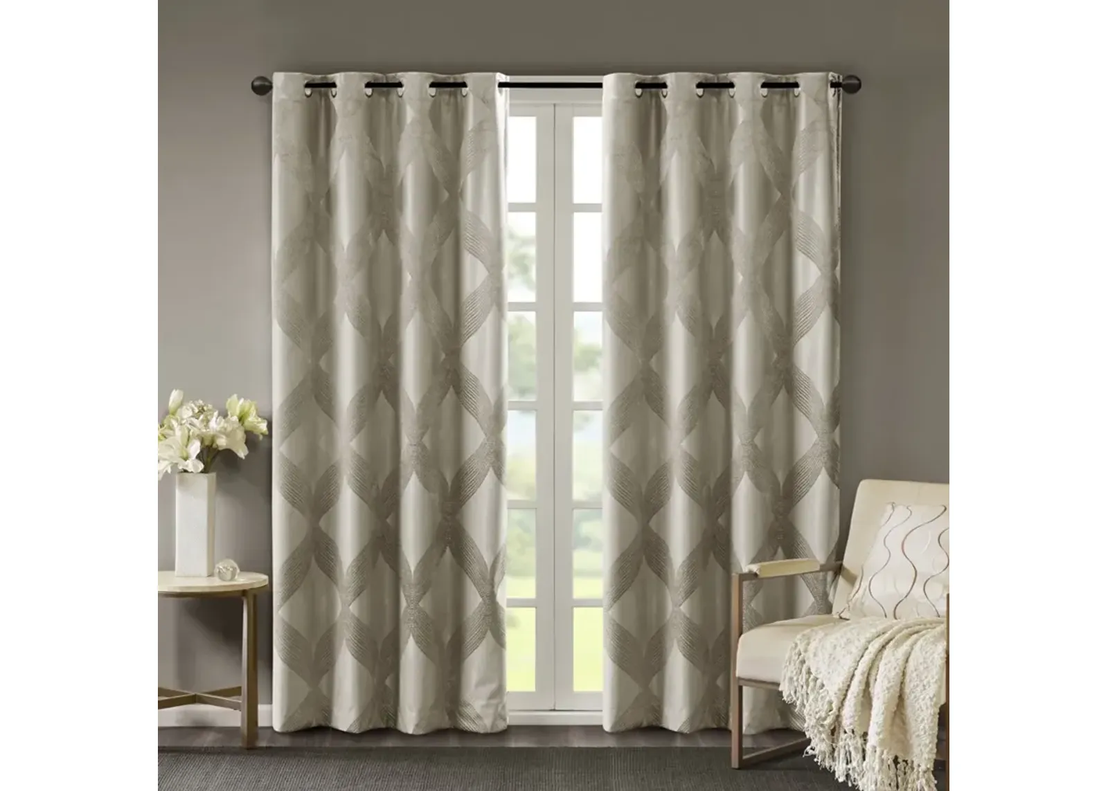 SunSmart Bentley Taupe Ogee Knitted Jacquard Total Blackout Curtain Panel