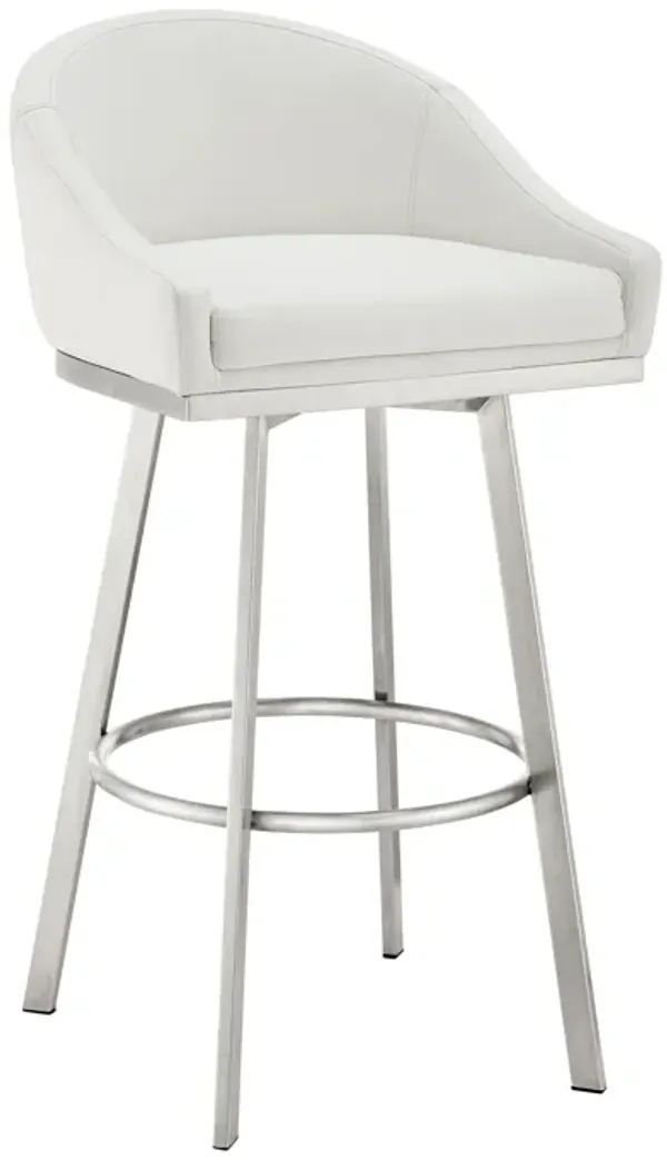Noran Swivel Bar Stool in Brushed Stainless Steel with White Faux Leather