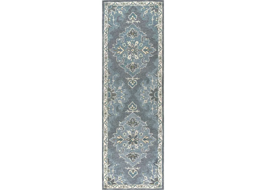 Resonant Dk.Gray/Gray Blue Central Medallion Wool 2'6" x 8' Runner Rug