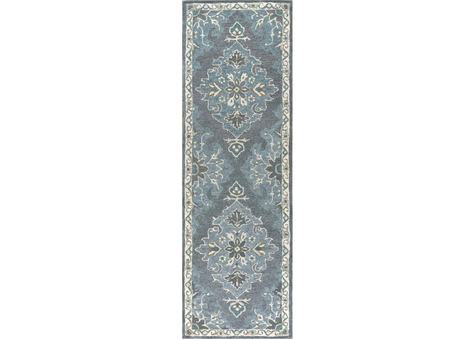 Resonant Dk.Gray/Gray Blue Central Medallion Wool 2'6" x 8' Runner Rug