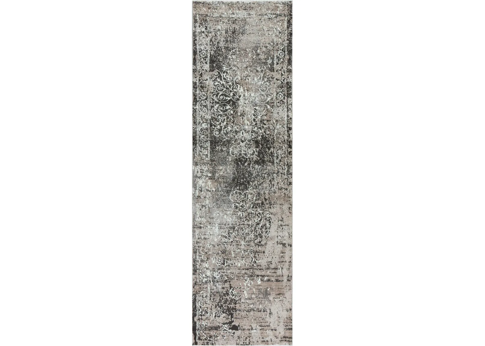 Panache Taupe/Gray Central Medallion Scroll work Distress  Polypropylene 2'3" x 7'7" Runner Rug