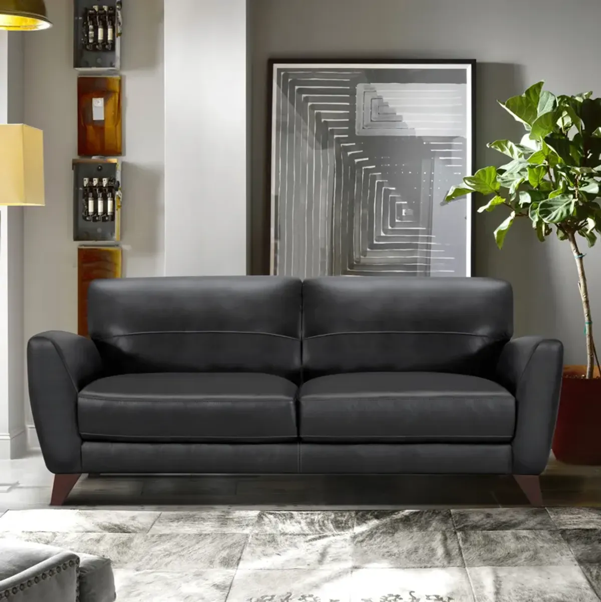 Jedd Contemporary Sofa in Genuine Black Leather with Brown Wood Legs