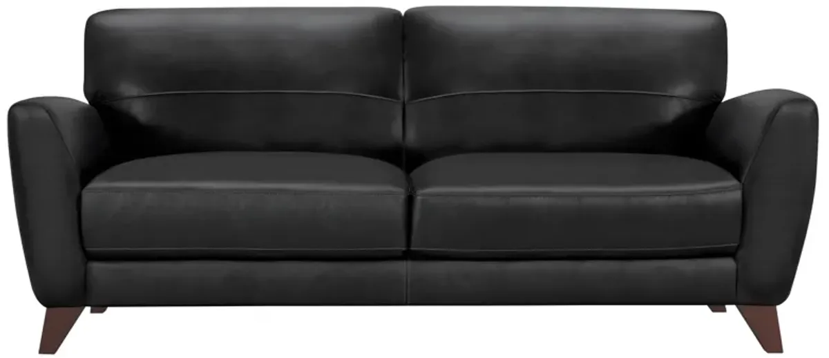 Jedd Contemporary Sofa in Genuine Black Leather with Brown Wood Legs