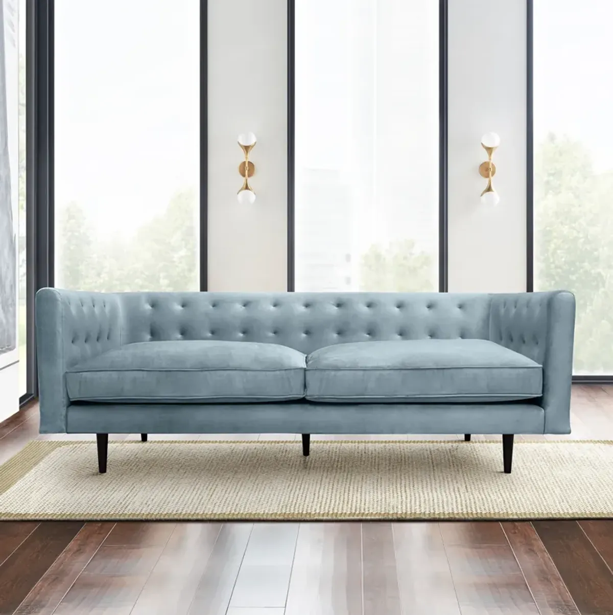 Annabelle 80" Bluestone Velvet Sofa with Black Wood Legs