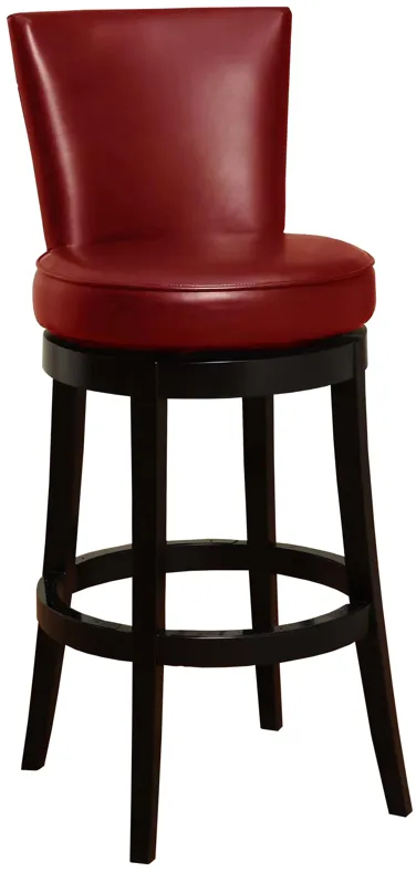 Boston 30" Bar Height Swivel Red Faux Leather and Black Wood Bar Stool