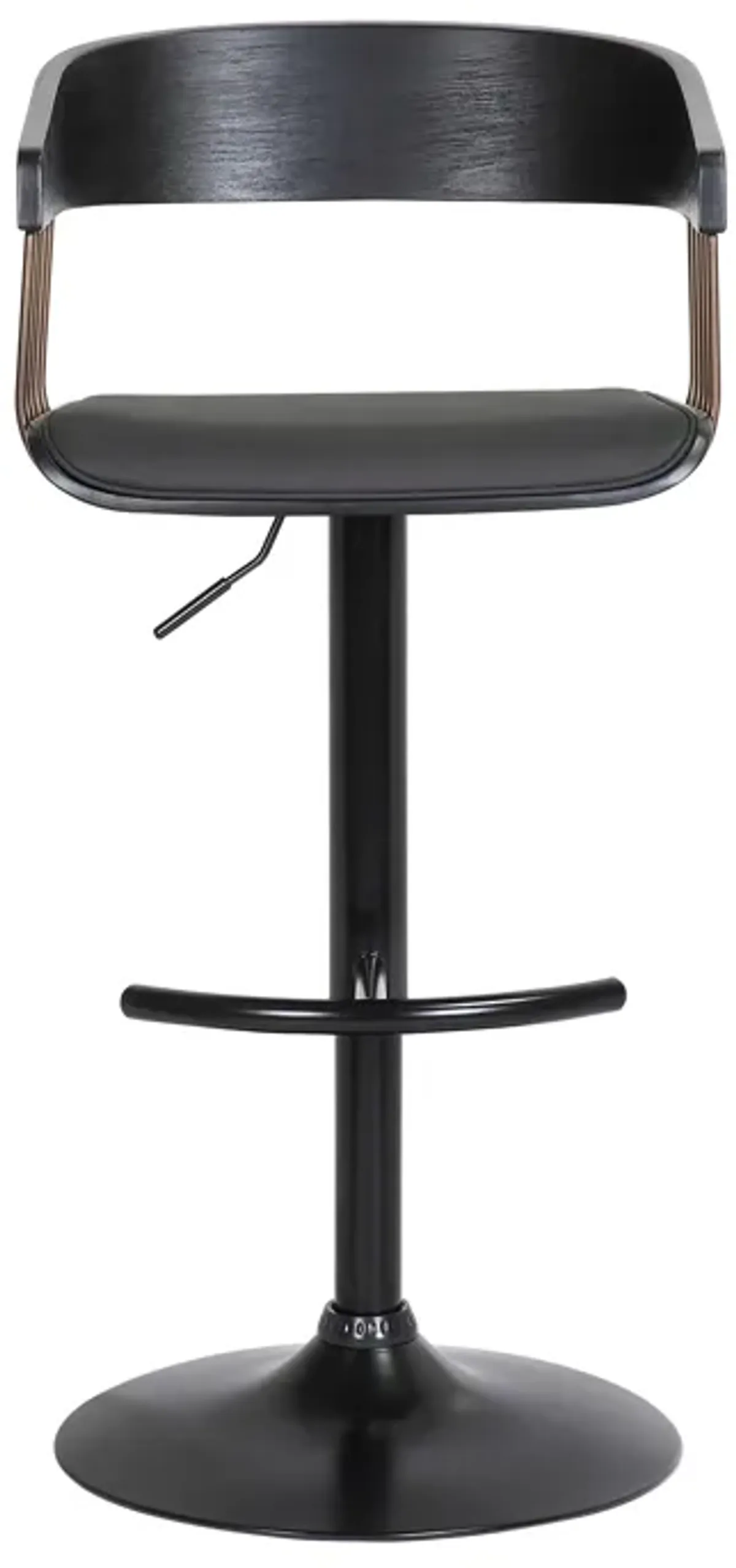 Larisa Adjustable Black Wood Bar Stool in Black Faux Leather with Golden Bronze and Black Metal