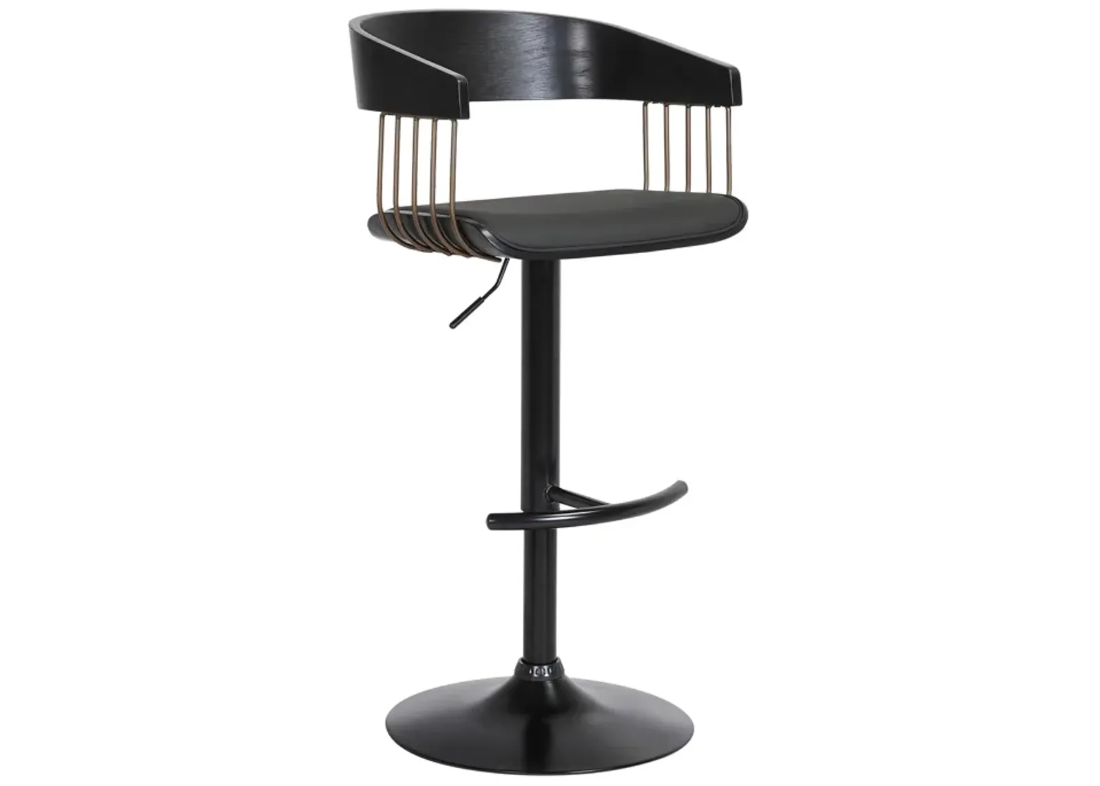 Larisa Adjustable Black Wood Bar Stool in Black Faux Leather with Golden Bronze and Black Metal