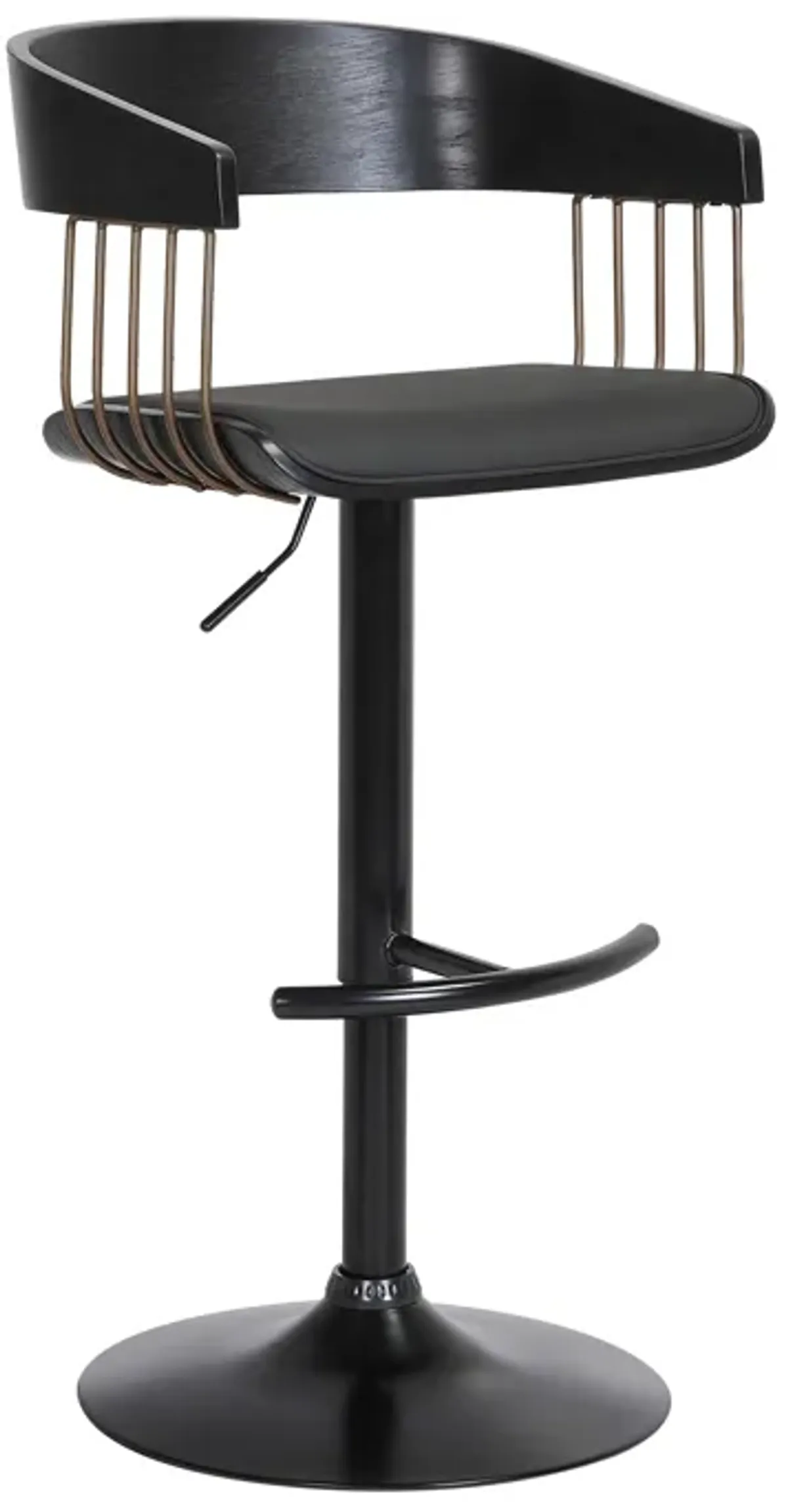 Larisa Adjustable Black Wood Bar Stool in Black Faux Leather with Golden Bronze and Black Metal