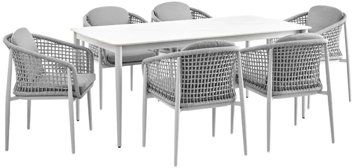 Rhodes Outdoor Patio 7 Piece Dining Set in Aluminum with Sintered Stone and Gray Cushions