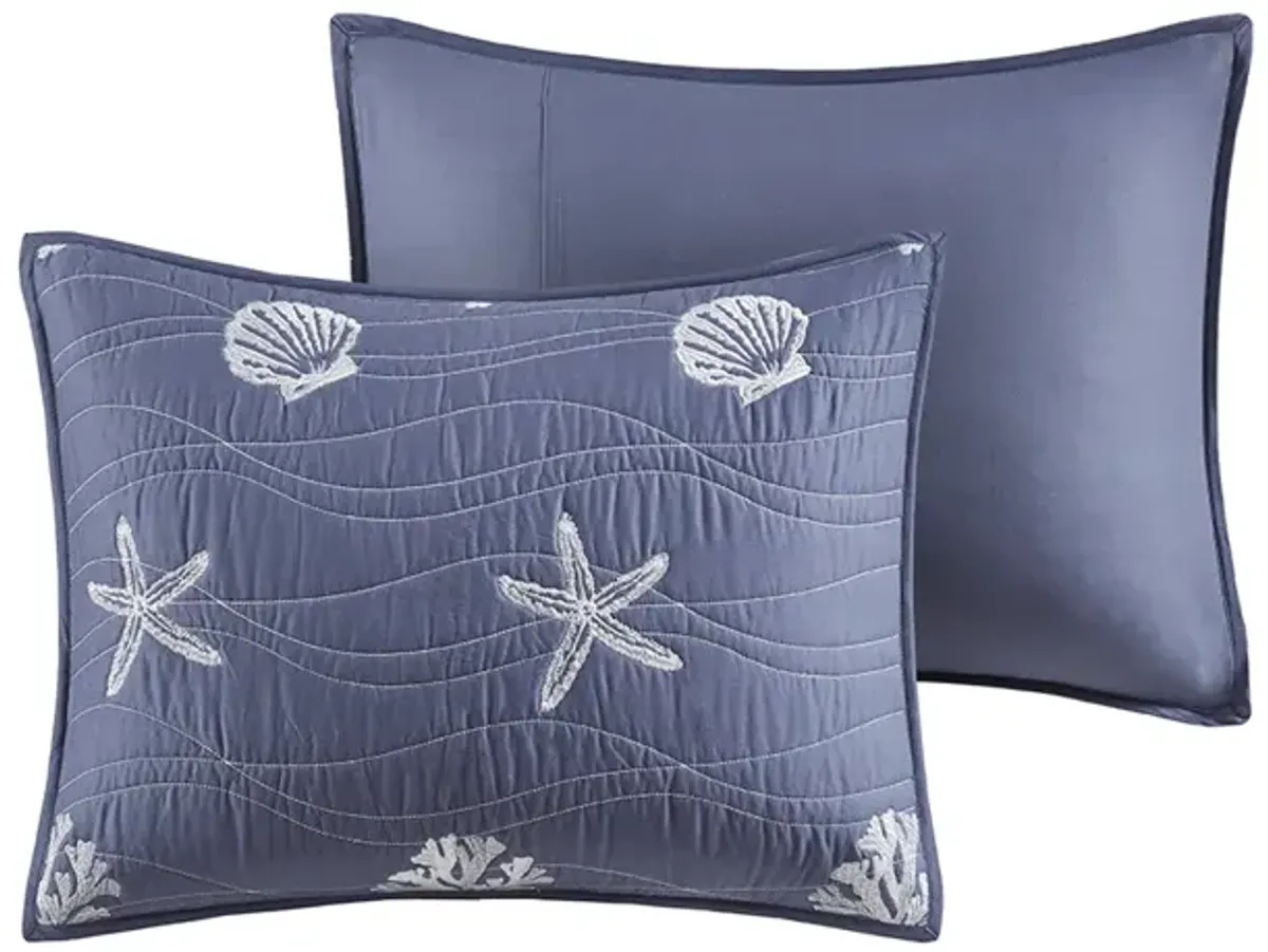 Harbor House Seaside Navy 4 Piece Cotton Reversible Embroidered Quilt Set with Throw Pillow