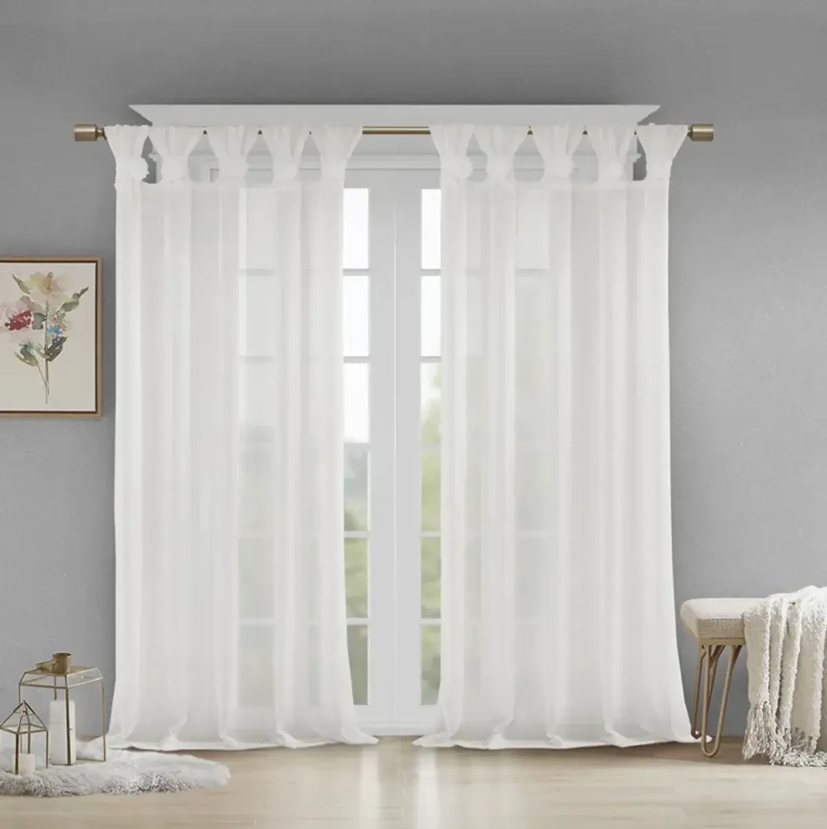 Madison Park Rosette White Floral Embellished Cuff Tab Top Solid Curtain Panel