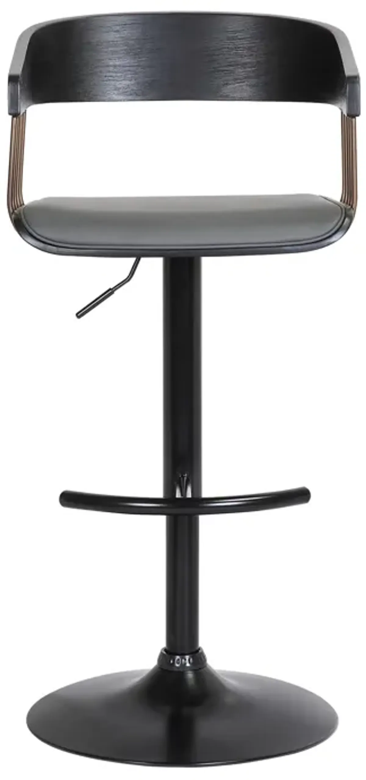 Larisa Adjustable Black Wood Bar Stool in Gray Faux Leather with Golden Bronze and Black Metal