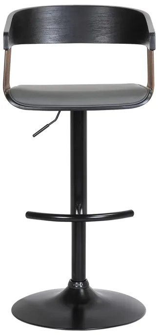 Larisa Adjustable Black Wood Bar Stool in Gray Faux Leather with Golden Bronze and Black Metal