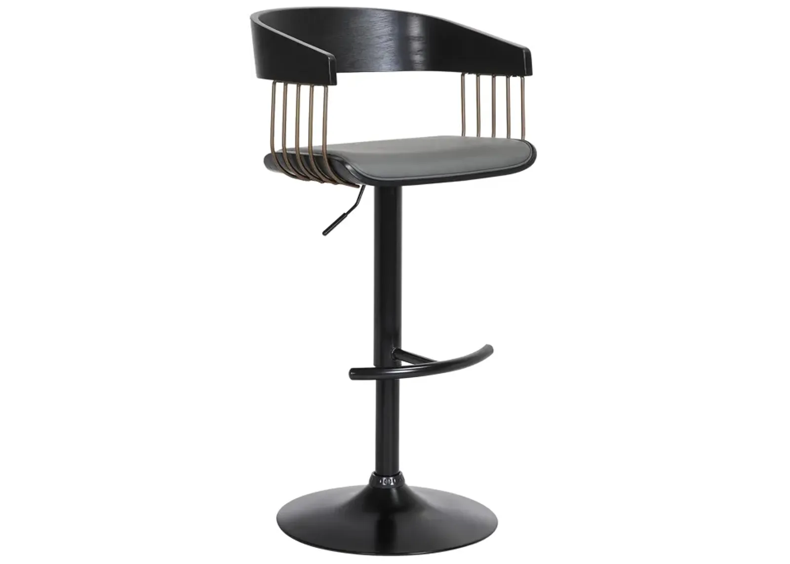 Larisa Adjustable Black Wood Bar Stool in Gray Faux Leather with Golden Bronze and Black Metal