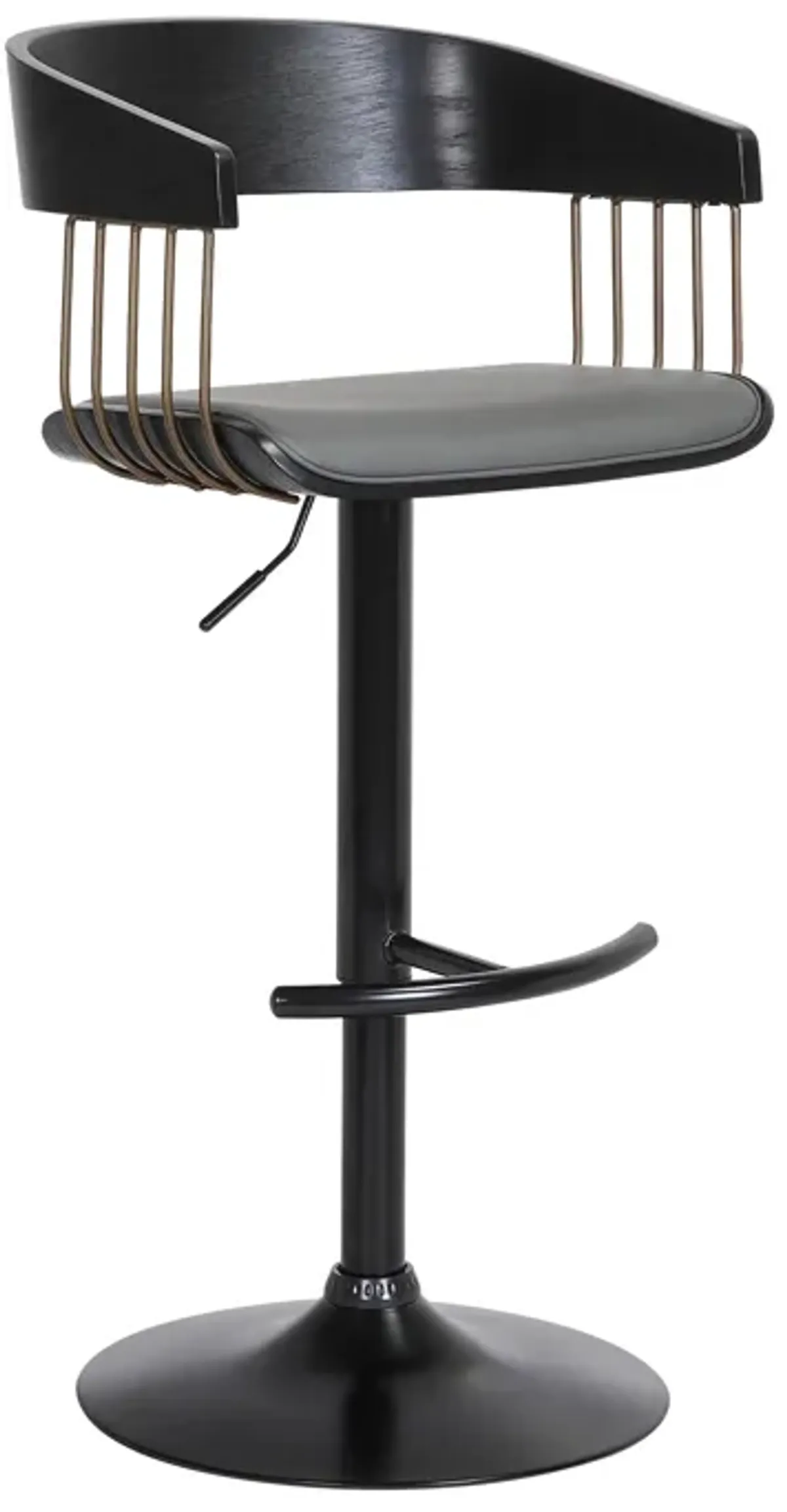 Larisa Adjustable Black Wood Bar Stool in Gray Faux Leather with Golden Bronze and Black Metal