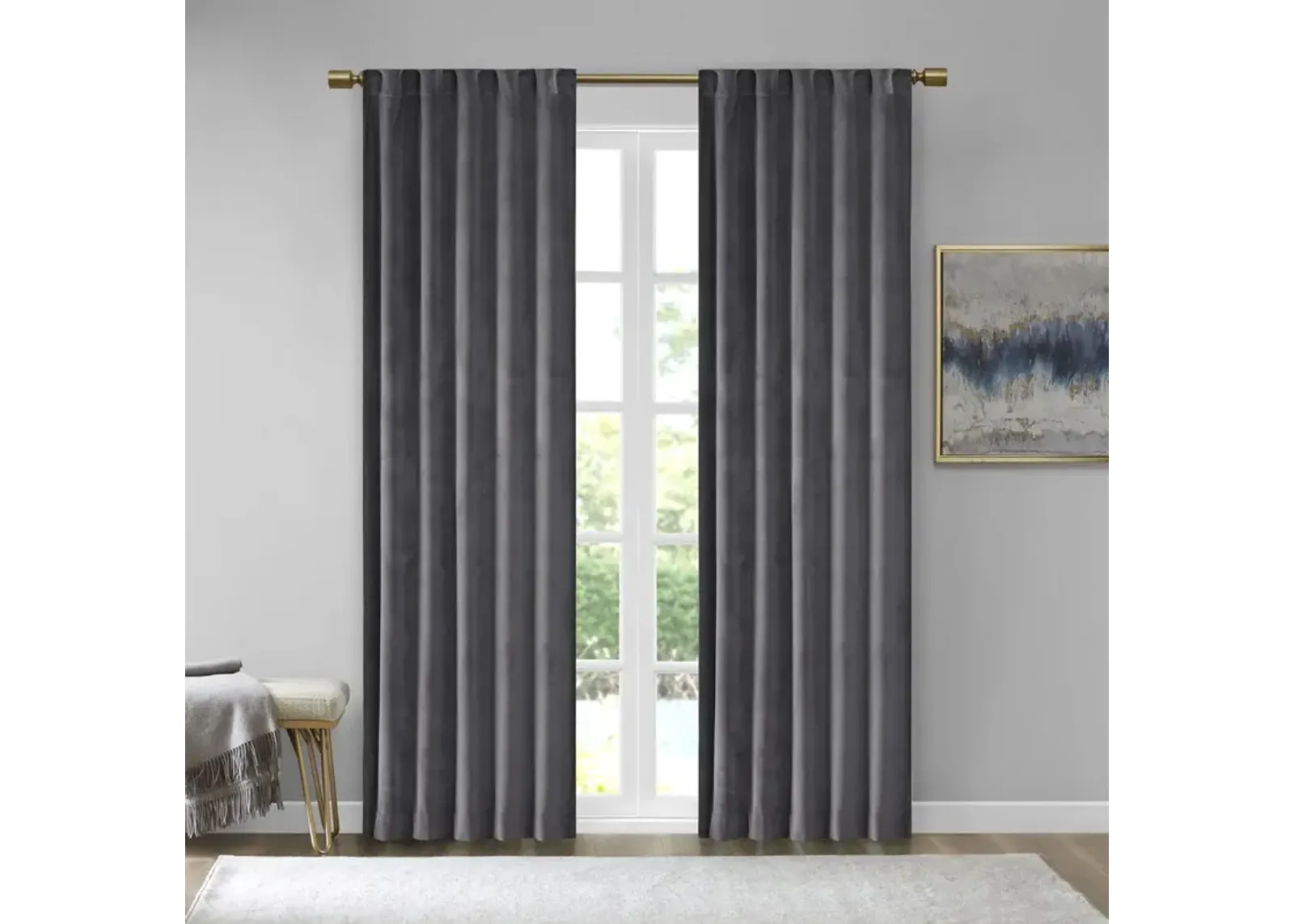 510 Design Colt Charcoal Room Darkening Poly Velvet Rod Pocket/Back Tab Curtain Panel Pair